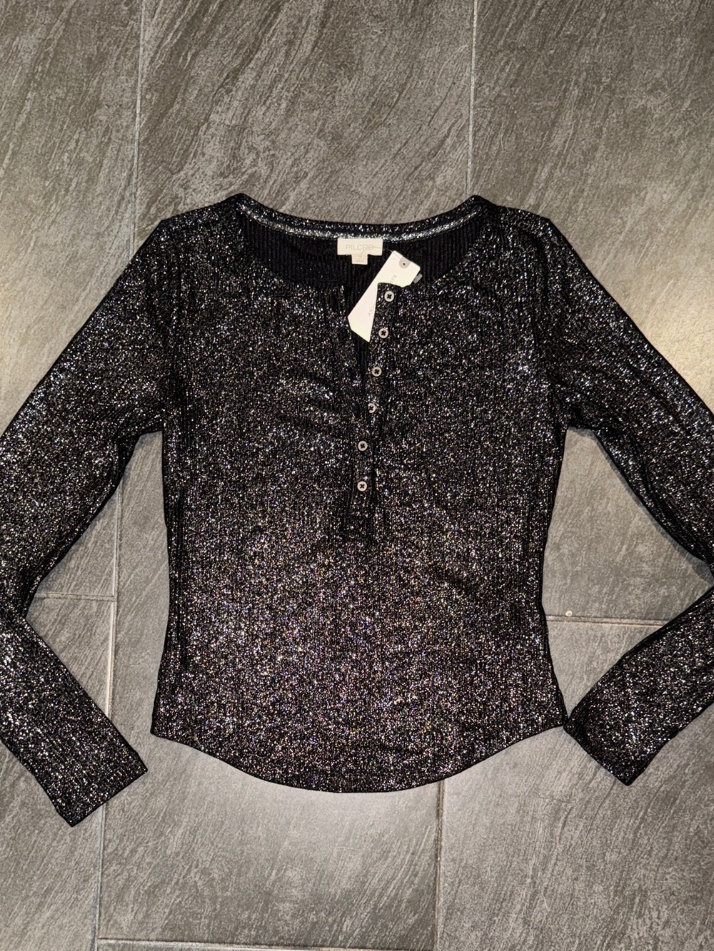 Anthropologie Sparkle Henley Long-Sleeve Top - Black